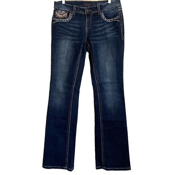 Grace In LA Bootcut Jeans 30 Stretch Denim Embellished Y2K Low rise Dark Wash - Picture 3 of 12